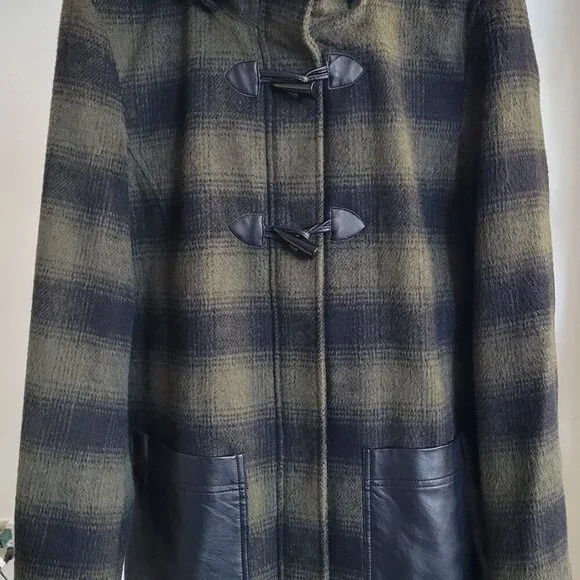 LAST CALL -Weatherproof Green Plaid Vegan Leather Mid Length Coat (Size: L) - Picture 2 of 16